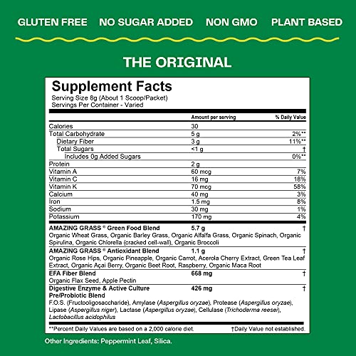 Amazing Grass Greens Blend Superfood: Super Greens Powder Smoothie Mix with Organic Spirulina, Alfalfa, Beet Root Powder, Digestive Enzymes & Probiotics, Original, 100 Servings (Packaging May Vary)