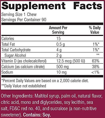 Bariatric Advantage Calcium Citrate Chewy Bites 500mg with Vitamin D3 for Bariatric Surgery Patients Including Gastric Bypass and Sleeve Gastrectomy, Sugar Free - Raspberry Flavor, 90 Count