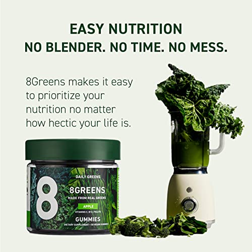 8Greens Daily Greens Gummies - Superfood Booster, Energy & Immune Support, Made with Real Greens, High in Antioxidants, Vitamin C, B12, Folate, Spirulina - Apple Flavored, 50 Vegan Gummies