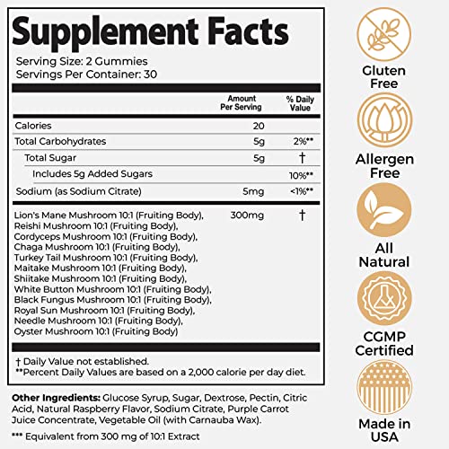 Auri Super Mushroom Gummies - All-in-One Daily Supplement Gummy - 12 Mushroom Blend with Chaga, Lions Mane, Reishi, Cordyceps - Boost Your Immunity, Focus, Energy, Mood - 60 Gummies