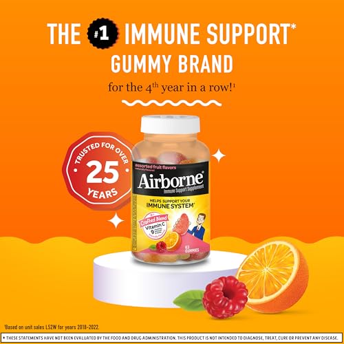 Airborne Vitamin C 750mg (per serving) - Assorted Fruit Gummies (63 count in a bottle), Gluten-Free Immune Support Supplement With Vitamins C E, Selenium