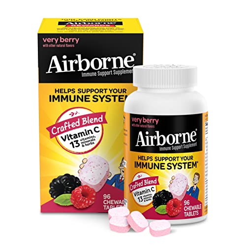 Airborne 1000mg Vitamin C Chewable Tablets with Zinc, Immune Support Supplement with Powerful Antioxidants Vitamins A C & E - 96 Chewable Tablets, Very Berry Flavor