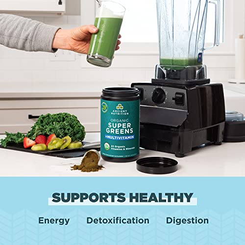 Ancient Nutrition Organic SuperGreens and Multivitamin Powder with Probiotics, Made from Real Fruits, Vegetables and Herbs, for Digestive, Detoxification and Energy Support, 25 Servings