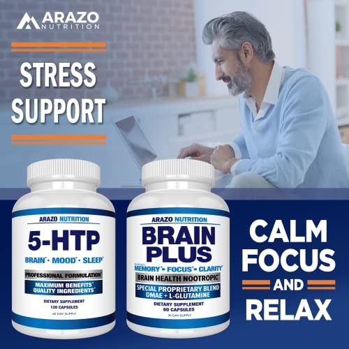 Arazo Nutrition 5-HTP 200 MG Plus Calcium for Mood, Sleep – Supports Calm and Relaxed Mood – 99% High Purity – 120 Capsules