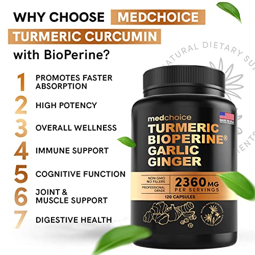 4-in-1 Turmeric and Ginger Supplement with Bioperine 2360 mg (240 ct) Turmeric Ginger Root Capsules with Garlic - Turmeric Curcumin with Black Pepper for Joint, Digestion & Immune Support (Pack of 2)