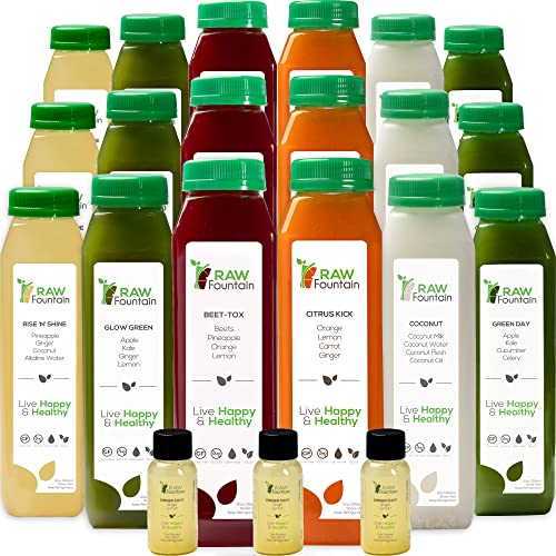 3 Day Juice Cleanse by Raw Fountain, All Natural Raw Detox Cleanse, Weight Management Program, Cold Pressed Fruit and Vegetable Juices, Tasty and Energizing, 18 Bottles 12oz, 3 Ginger Shots