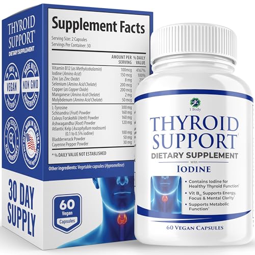 1 Body Thyroid Support Supplement with Iodine - Energy & Focus Support Formula - Vegetarian & Non-GMO - Vitamin B12 Complex, Zinc, Selenium, Ashwagandha, Copper & More 30 Day Supply