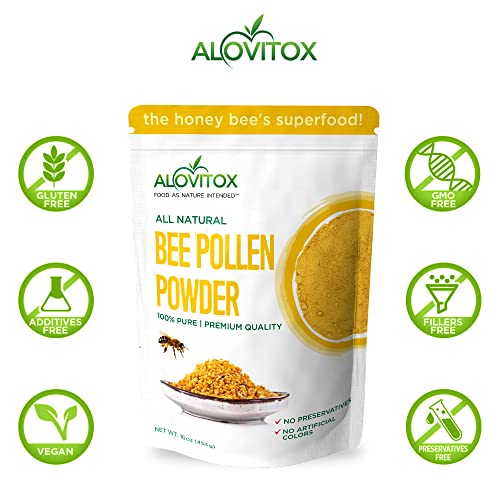 Alovitox Fresh Bee Pollen Powder 16 Oz | 100% Pure, Fresh Natural Raw Bee Pollen | Bee Pollen Supplement Proteins | Vitamins B6, B12, C, A Pollen Bee | Bee Pollen, Gluten Free Polen