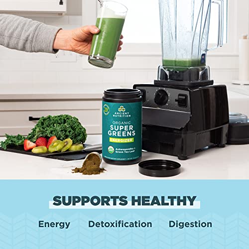 Ancient Nutrition Supergreens Energizer Powder, Organic Superfood Powder with Caffeine, Made from Real Fruits, Vegetables and Herbs, for Digestive and Energy Support, 25 Servings, 7.5oz