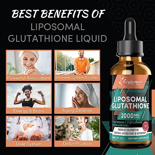 2000MG Liposomal Glutathione Liquid Drops, Enhanced Absorption, Glutathione Supplement, with Vitamin C, Hyaluronic Acid, L-Glutathione, Non-GMO Antioxidant for Liver Detox, Immune System, 8.08 OZ