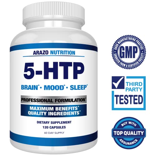 Arazo Nutrition 5-HTP 200 MG Plus Calcium for Mood, Sleep – Supports Calm and Relaxed Mood – 99% High Purity – 120 Capsules