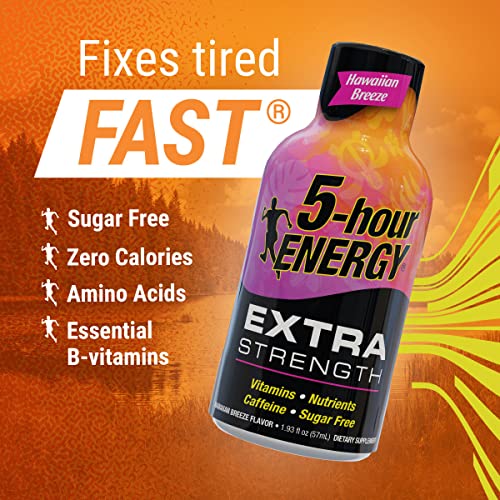 5-hour ENERGY Extra Strength Energy Shot | Hawaiian Breeze Flavor | 1.93 oz. | 24 Count | Sugar-Free & Zero Calories | B-Vitamins & Amino Acids | 230mg Caffeinated Energy Shot | Dietary Supplement