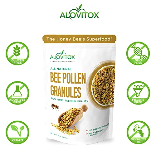 Alovitox Bee Pollen Granules 16 Oz | 100% Pure, Fresh Raw Bee Pollen | Superfood Packed Bee Pollen with Antioxidant, Protein, Vitamins & More | Nutritional Yeast & Gluten Free