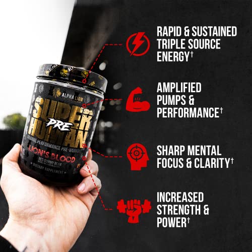 ALPHA LION Pre Workout Powder, Beta Alanine, L-Taurine & Tri-Source Caffeine for Sustained Energy & Focus, Nitric Oxide & Citrulline for Pump (21 Servings, Lion's Blood Flavor)