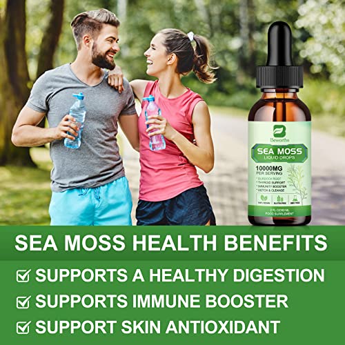 B BEWORTHS Sea Moss Liquid Drops - Organic Irish Sea Moss Gel with Burdock Root Supplement, Seamoss Gel for Immune Support, Joint & Thyroid Support, Detox Cleanse & Digestion Support - 2 Fl Oz, Vegan