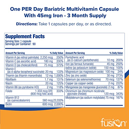 Bariatric Fusion One Per Day Bariatric Multivitamin with Iron | Easy to Swallow Capsule | Vitamin for Bariatric Surgery Patients | Gastric Bypass and Sleeve Gastrectomy | 90 Count | 3 Month Supply