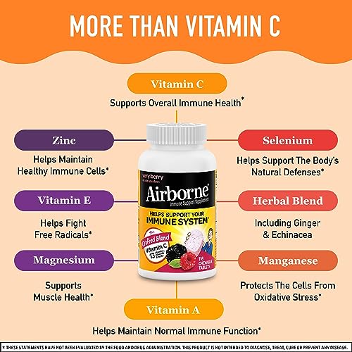 Airborne 1000mg Vitamin C with Zinc, Immune Support Supplement with Powerful Antioxidants Vitamins A C & E - 116 Chewable Tablets, Very Berry Flavor