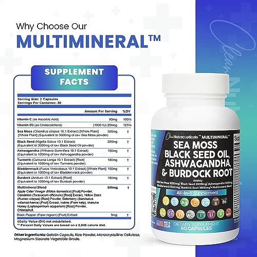 Sea Moss 3000mg Black Seed Oil 2000mg Ashwagandha 1000mg Turmeric 1000mg Bladderwrack 1000mg Burdock 1000mg & Vitamin C Vitamin D3 with Elderberry Manuka Dandelion Yellow Dock Iodine Chlorophyll ACV