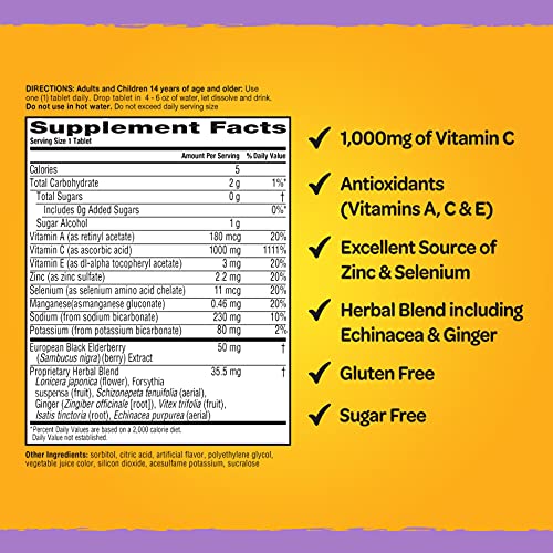 Airborne Elderberry + Zinc & Vitamin C Effervescent Tablets, Immune Support Supplement With Powerful Antioxidant Vitamins A C E, 30 Fizzy Drink Tablets, Elderberry Flavor