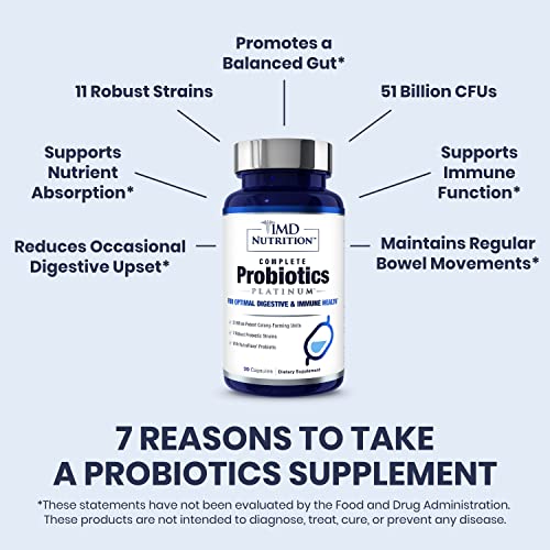 1MD Nutrition Complete Probiotics Platinum - w/Prebiotics and Probiotics for Digestive Health - Probiotic Supplement for Women & Men - More Than 50 Billion Live CFU 11 Strains Dairy-Free - 30 Caps