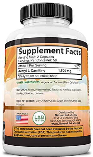 Acetyl L-Carnitine 1,500 mg High Potency Supports Natural Energy Production, Sports Nutrition, Supports Memory/Focus - 100 Veggie Capsules