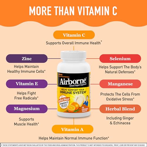 Airborne 1000mg Vitamin C Chewable Tablets with Zinc, Immune Support Supplement with Powerful Antioxidants Vitamins A C & E - (116 count bottle), Citrus Flavor, Gluten-Free