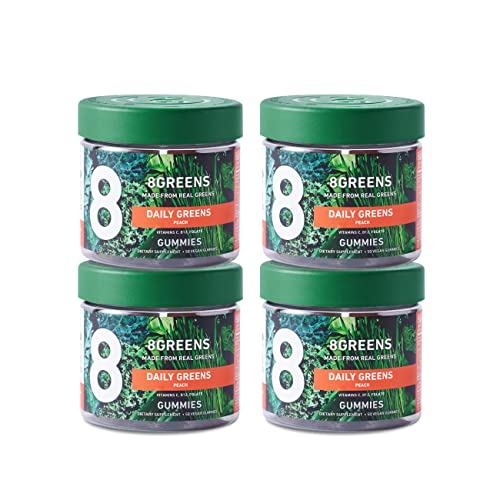 8Greens Daily Greens Gummies - Superfood Booster, Energy & Immune Support, Made with Real Greens, High in Antioxidants, Vitamin C, B12, Folate, Spirulina - Peach Flavored, 50 Vegan Gummies, Pack of 4