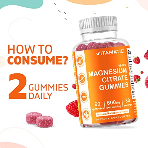 3 Pack - Vitamatic Magnesium Gummies 600mg per Serving - 60 Vegan Gummies - Promotes Healthy Relaxation, Muscle, Bone, & Energy Support