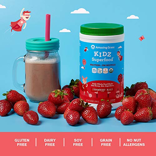 Amazing Grass Kidz Superfood: Vegan Protein & Probiotics for Kids with Beet Root Powder & 1/2 Cup of Leafy Greens, Strawberry Blast, 15 Servings