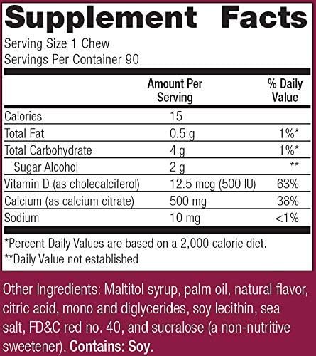 Bariatric Advantage Calcium Citrate Chewy Bites 500mg with Vitamin D3 for Bariatric Surgery Patients Including Gastric Bypass and Sleeve Gastrectomy, Sugar Free - Strawberry Flavor, 90 Count