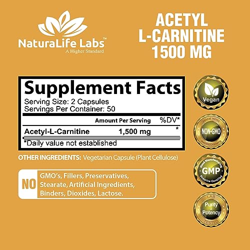 Acetyl L-Carnitine 1,500 mg High Potency Supports Natural Energy Production, Sports Nutrition, Supports Memory/Focus - 100 Veggie Capsules