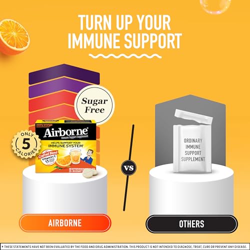 Airborne 1000mg Vitamin C with Zinc, SUGAR FREE Effervescent Tablets, Immune Support Supplement with Powerful Antioxidants Vitamins A C & E - 30 Fizzy Drink Tablets, Zesty Orange Flavor