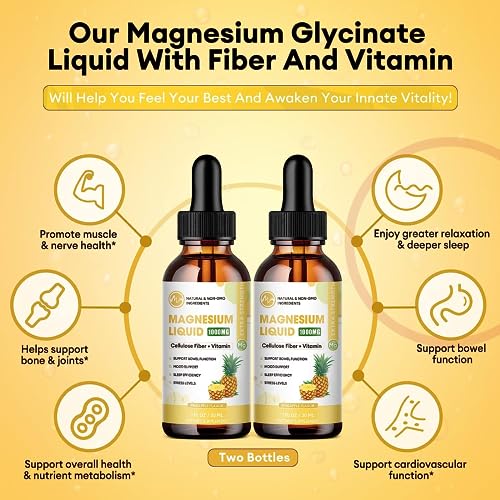 (2 Pack) Supplement,Magnesium Liquid Drops with Magnesium Glycinate 500mg Fiber 500mg Bromelain Vitamin B,C,D - Promotes Nerve, Bowel, Relaxation Function