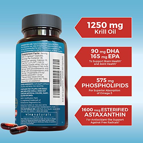 Antarctic Krill Oil 1250 mg, Omega 3 EPA DHA and Astaxanthin, Joint Support and Brain Supplement with Antioxidant Properties, No Fishy Aftertaste (6 Pack)