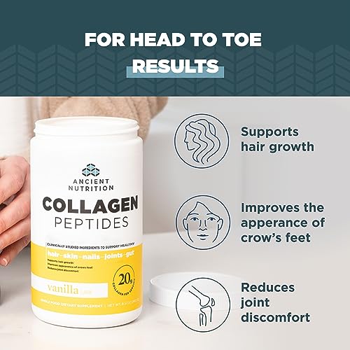 Ancient Nutrition Collagen Peptides, Collagen Peptides Powder, Vanilla Hydrolyzed Collagen, Supports Healthy Skin, Joints, Gut, Keto and Paleo Friendly, 12 Servings, 20g Collagen per Serving