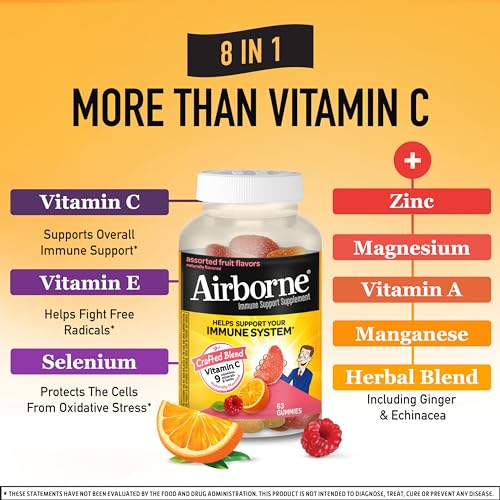 Airborne Vitamin C 750mg (per serving) - Assorted Fruit Gummies (63 count in a bottle), Gluten-Free Immune Support Supplement With Vitamins C E, Selenium