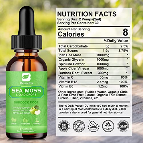 B BEWORTHS Sea Moss Liquid Drops - Organic Irish Sea Moss Gel with Burdock Root, Vitamin C, B12, 3000mg Seamoss Gel Supplement for Immune, Joint & Thyroid, Detox Cleanse & Digestive Support - 2 Fl Oz