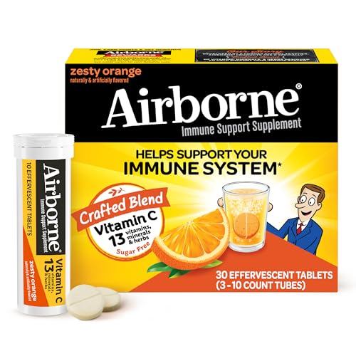 Airborne 1000mg Vitamin C with Zinc, SUGAR FREE Effervescent Tablets, Immune Support Supplement with Powerful Antioxidants Vitamins A C & E - 30 Fizzy Drink Tablets, Zesty Orange Flavor