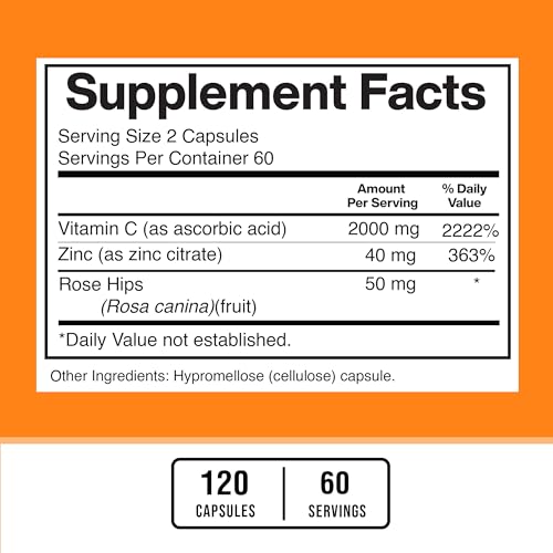 American Standard Supplements Vitamin C 2000mg, Zinc 40mg, and Rose Hips 50mg Per Serving – Vegan, Gluten Free, Non-GMO, 120 Capsules, 60 Servings