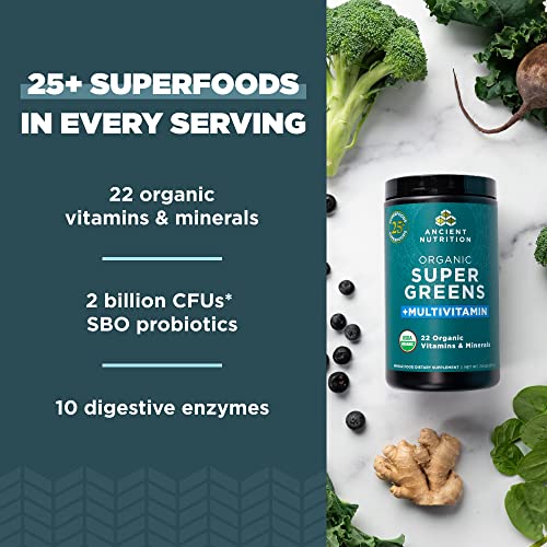 Ancient Nutrition Organic SuperGreens and Multivitamin Powder with Probiotics, Made from Real Fruits, Vegetables and Herbs, for Digestive, Detoxification and Energy Support, 25 Servings