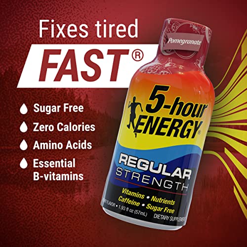 5-hour ENERGY Regular Strength Energy Shot | Pomegranate Flavor | 1.93 oz. | 24 Count | Sugar-Free & Zero Calories | B-Vitamins & Amino Acids | 200mg Caffeinated Energy Shot | Dietary Supplement