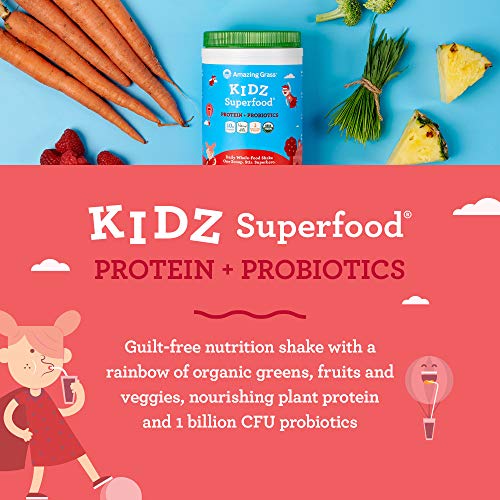 Amazing Grass Kidz Superfood: Vegan Protein & Probiotics for Kids with Beet Root Powder & 1/2 Cup of Leafy Greens, Strawberry Blast, 15 Servings