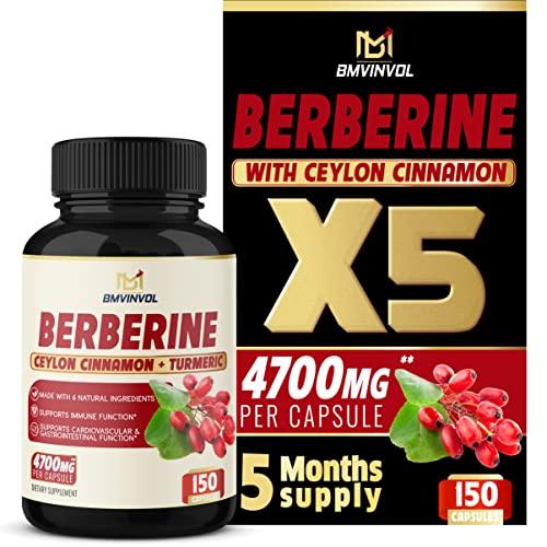 Berberine Supplement Equivalent to 4700mg - 5 Months Supply - High Potency with Ceylon Cinnamon - Supports Immune System, Cardiovascular & Gastrointestinal Function - Berberine HCl Supplement Pills