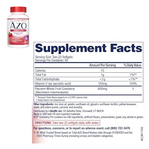 AZO Cranberry Pro Urinary Tract Health Supplement 600mg PACRAN, 1 Serving = More Than 1 Glass of Cranberry Juice 100 CT + D Mannose Urinary Tract Health, Cleanse, Flush & Protect The Urinary Tract 120