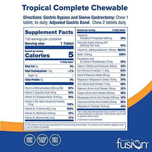 Bariatric Fusion Tropical Complete Chewable Bariatric Multivitamin with Iron for Bariatric Surgery Patients Including Gastric Bypass and Sleeve Gastrectomy - 120 Tablets