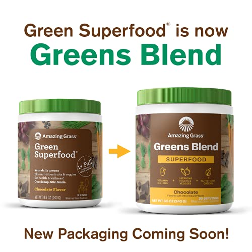 Amazing Grass Greens Blend Superfood: Super Greens Powder Smoothie Mix with Organic Spirulina, Beet Root Powder, Chlorella, Prebiotics & Probiotics, Chocolate, 100 Servings (Packaging May Vary)