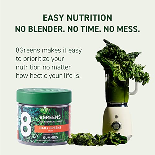 8Greens Daily Greens Gummies - Superfood Booster, Energy & Immune Support, Made with Real Greens, High in Antioxidants, Vitamin C, B12, Folate, Spirulina, Peach Flavored, 50 Vegan Gummies