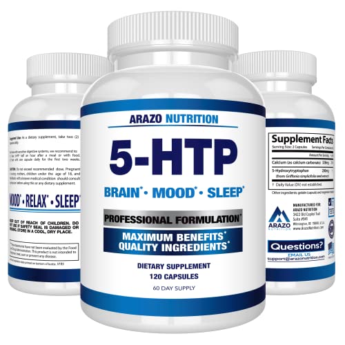 Arazo Nutrition 5-HTP 200 MG Plus Calcium for Mood, Sleep – Supports Calm and Relaxed Mood – 99% High Purity – 120 Capsules