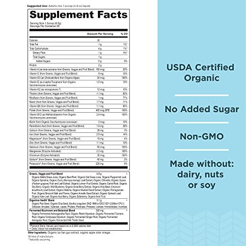 Ancient Nutrition Organic SuperGreens and Multivitamin Powder with Probiotics, Made from Real Fruits, Vegetables and Herbs, for Digestive, Detoxification and Energy Support, 25 Servings