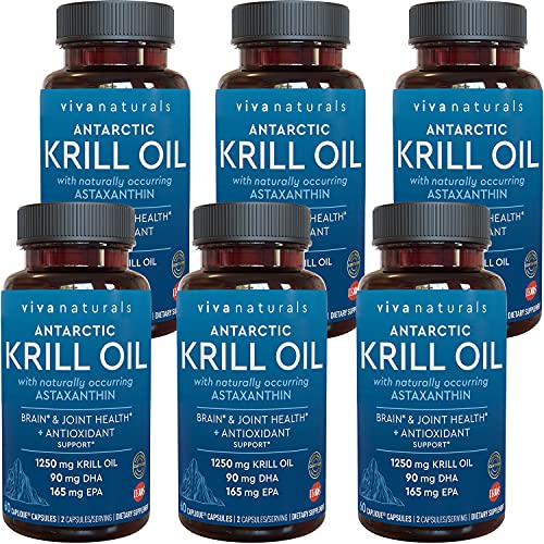 Antarctic Krill Oil 1250 mg, Omega 3 EPA DHA and Astaxanthin, Joint Support and Brain Supplement with Antioxidant Properties, No Fishy Aftertaste (6 Pack)